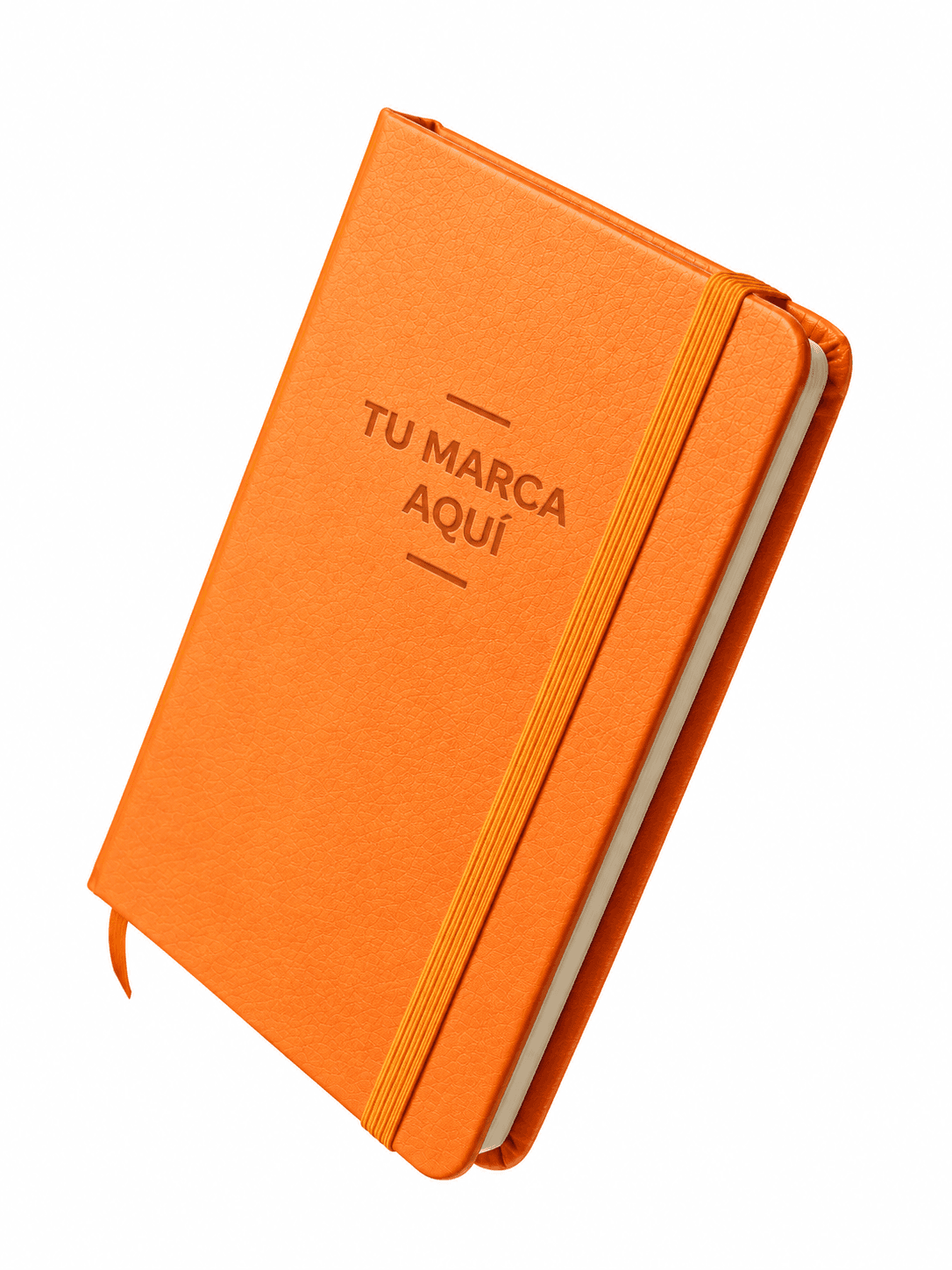 Agenda de curpiel naranja con «Tu marca aquí» grabado